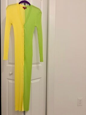 STAUD Two-Tone Ribbed Knit Dress in Yellow and Light Green